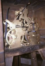The unusual brass turret clock movement by Richard Street of London, 1714, at Osterley Park in West London (National Trust). The movement is now being preserved without functioning.