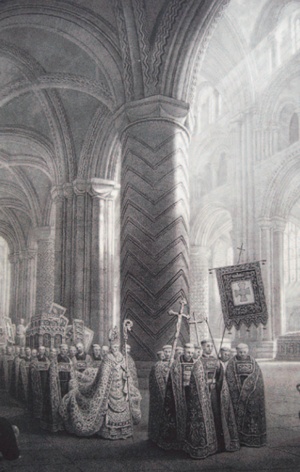 B/w illustration showing a procession of monks with the vast columns and vaulted ceilings of the cathedral towering above them