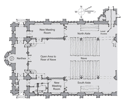 Detail of plan showing west end of church including nave, narthex and new meeting rooms in north and south aisles