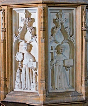 Two panels of the Ham stone pulpit at Frampton, Dorset depicting friars, probably Franciscan