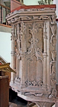 Gloucestershire stone pulpit with crocketted and finialled ogee arches