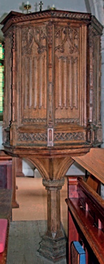 Oak 'wine-glass' pulpit at Sandon, Essex: none of the original colouring is visible