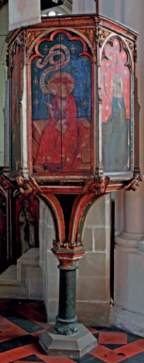 Richly painted oak 'wine-glass' pulpit