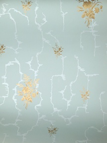 Reproduction wallpaper: watered silk effect on a duck-egg blue ground over-printed with floral motifs in metallic gilt leaf