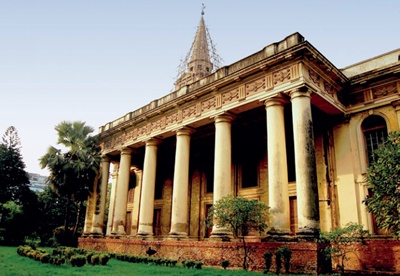 St John’s Church, Kolkata: exterior with towering colonnade in foreground and scaffolded tower visible beyond