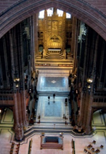 View from above of the interior of Liverpool Cathedral facing the chancel