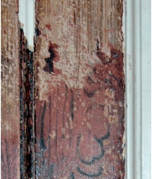 Oak graining on joinery revealed by the partial removal of a later paint finish