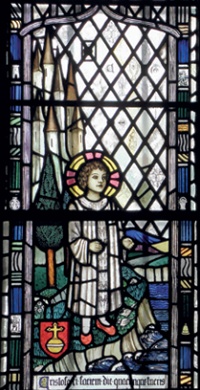 The St Christopher window: detail depicting the infant Christ standing at the river's edge