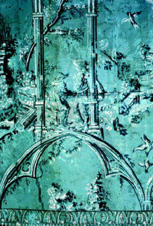 Hand-blocked paper incorporating architectural motifs with trees and birds; black and white on turquoise ground