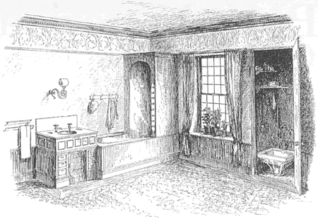 Line drawing showing bathroom with bath and shower enclosure, water closet and wash basin in timber cabinet