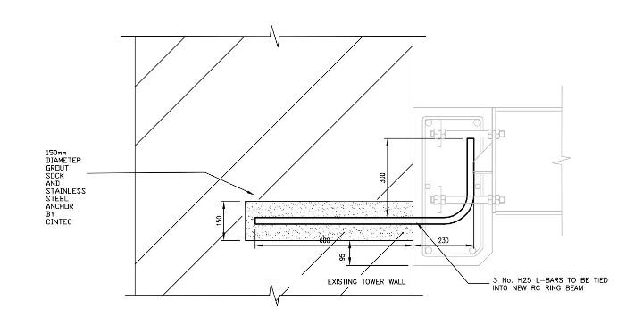 Diagram: section through church wall  showing L-shaped steel anchor