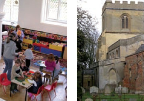 Left: playgroup using the nave of St Faith&rsquo;s, Hexton; right: exterior of St Faith's