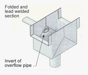 B/w drawing showing a rainwater sump with a projecting overflow pipe