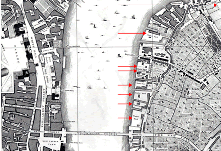 London map showing section of Thames north of Westminster Bridge with at least eight timber yards marked along southern bank