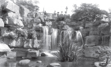 b/w archive photo of artificial rockwork and waterfalls