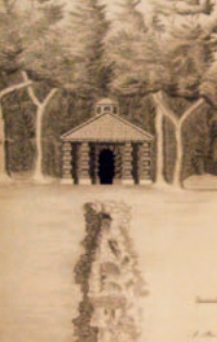 Drawing showing neo-classical style bath house in a grove with cascade in the foreground