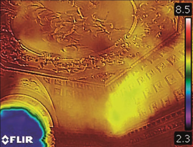 A thermal image of Lytham hall ceiling showing its surface temperature