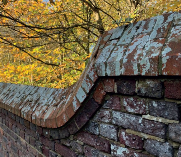 A wall capped with bricks which have been intricately cut to slope both ways