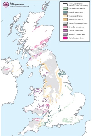 British Geological Survey map showing location of sandstone beds in the UK