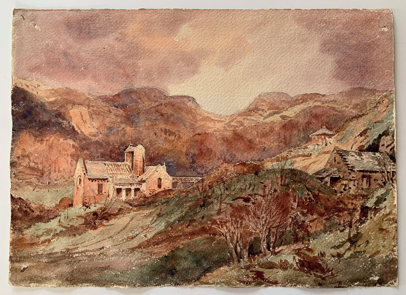 One of the Reverend John Louis Petit's watercolours showing the construction of St Philips set against the romanticised landscape