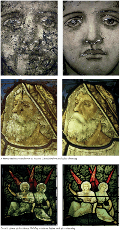 Series of three pairs of images showing details of Henry Holiday window before and after cleaning