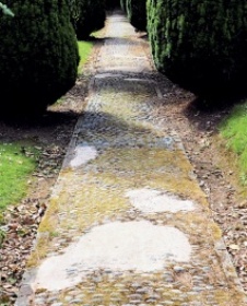 Cobble path disfigured by irregular patches of paler concrete and cement