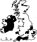 Map showing areas of the British Isles where earth building is commonly found