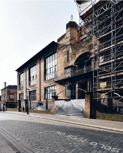 The scaffolded facade of Glasgow School of Art after the fire
