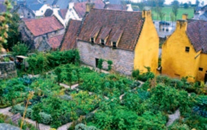 The sloping walled garden and 16th century buildings of Culross Palace