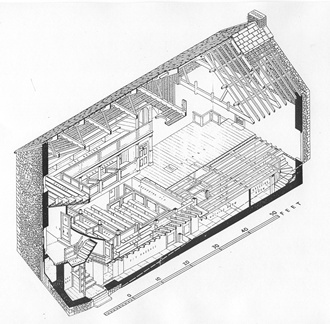 Cut-away scale drawing showing construction and internal lay-out of the original theatre