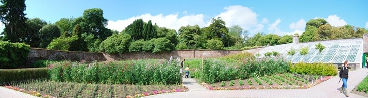 Panoramic view of walled garden with radial paths and planted beds in foreground and large, lean-to type glasshouse in background