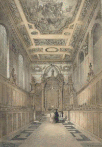 Historic illustration of the chapel interior looking from west to east: three figures can be seen approaching the reredos