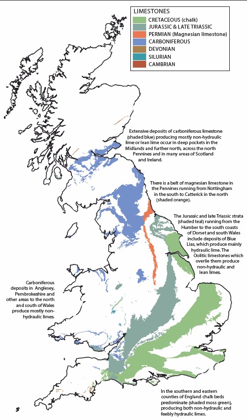 A map of the UK showing the lcoation of historic limestone quarries and lime production related to regional geology