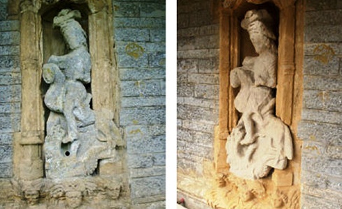 Stone sculpture of St George before and after conservation work