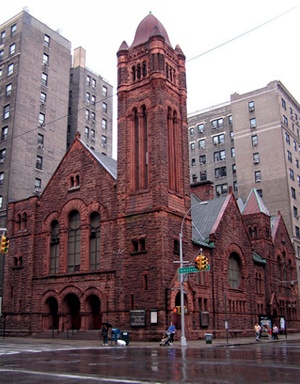 The distinctive red sandstone facade of West-Park Presbyterian Church