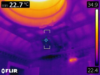 Thermal camera image of cone of damp from defective parapet gutter