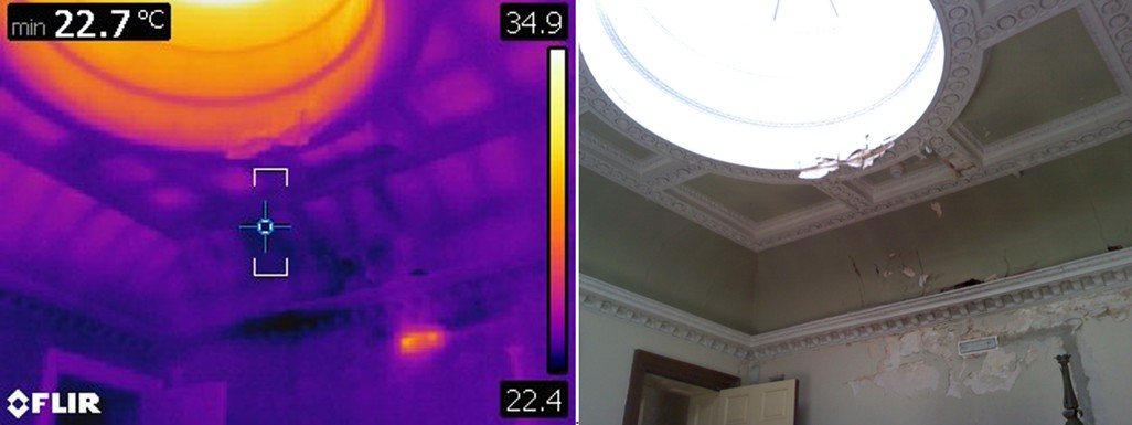 view in popup Thermal camera image and visible spectrum image of cone of damp from defective parapet gutter