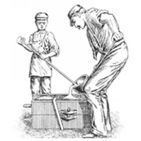 Line drawing showing molten cast iron being poured into a moulding box