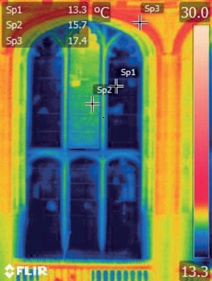 Thermographic image showing cooler areas in blue/green shades and warmer ones in yellow-orange
