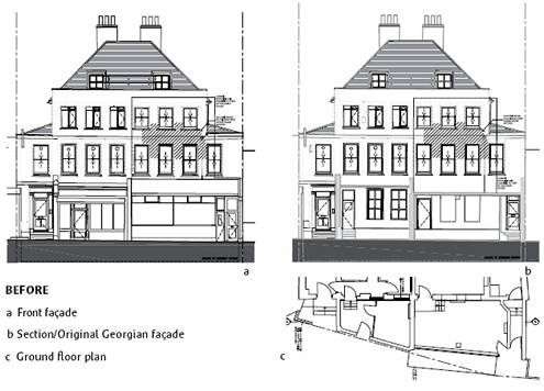 Elevation, section and plan drawings of the building before and (below) after restoraton