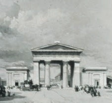 Black & white illustration showing the Doric Arch, Euston Station, London