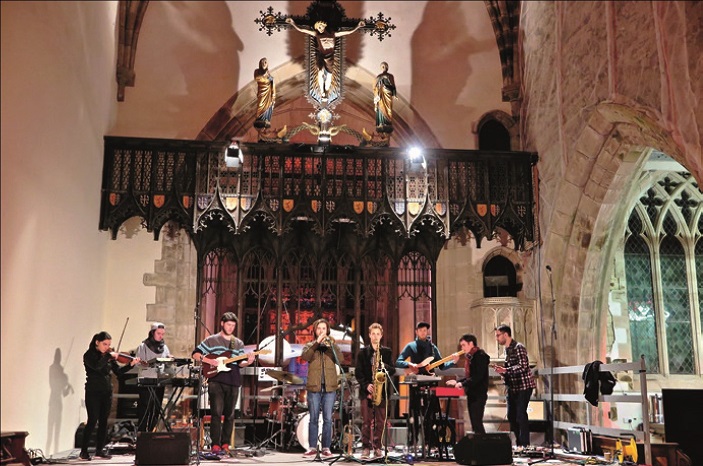 Interior of St Margaret's, Braemar, where a band is playing as part of the cultural events programme.