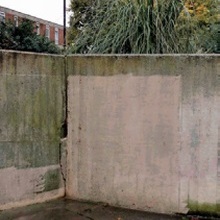 Square patch of concrete wall which has recently been cleaned