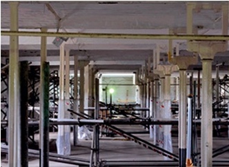 Flax mill interior braced with scaffolding