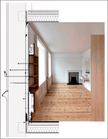 Composite image of room interior (photograph) and computer modelled section through wall