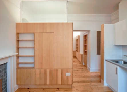 Interior storage units and kitchenette