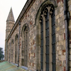 View of south nave clerestory windows and rainwater goods