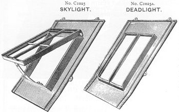 B/w illustrations of a skylight and a deadlight from a manufacturers' catalogue