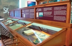 Glazed display case containing museum artefacts with sample draws beneath display compartment and framed section above it for holding interpretive material