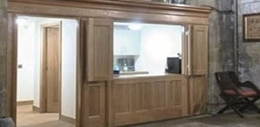 A tea servery infilling the base of St Wilfred's bell tower.